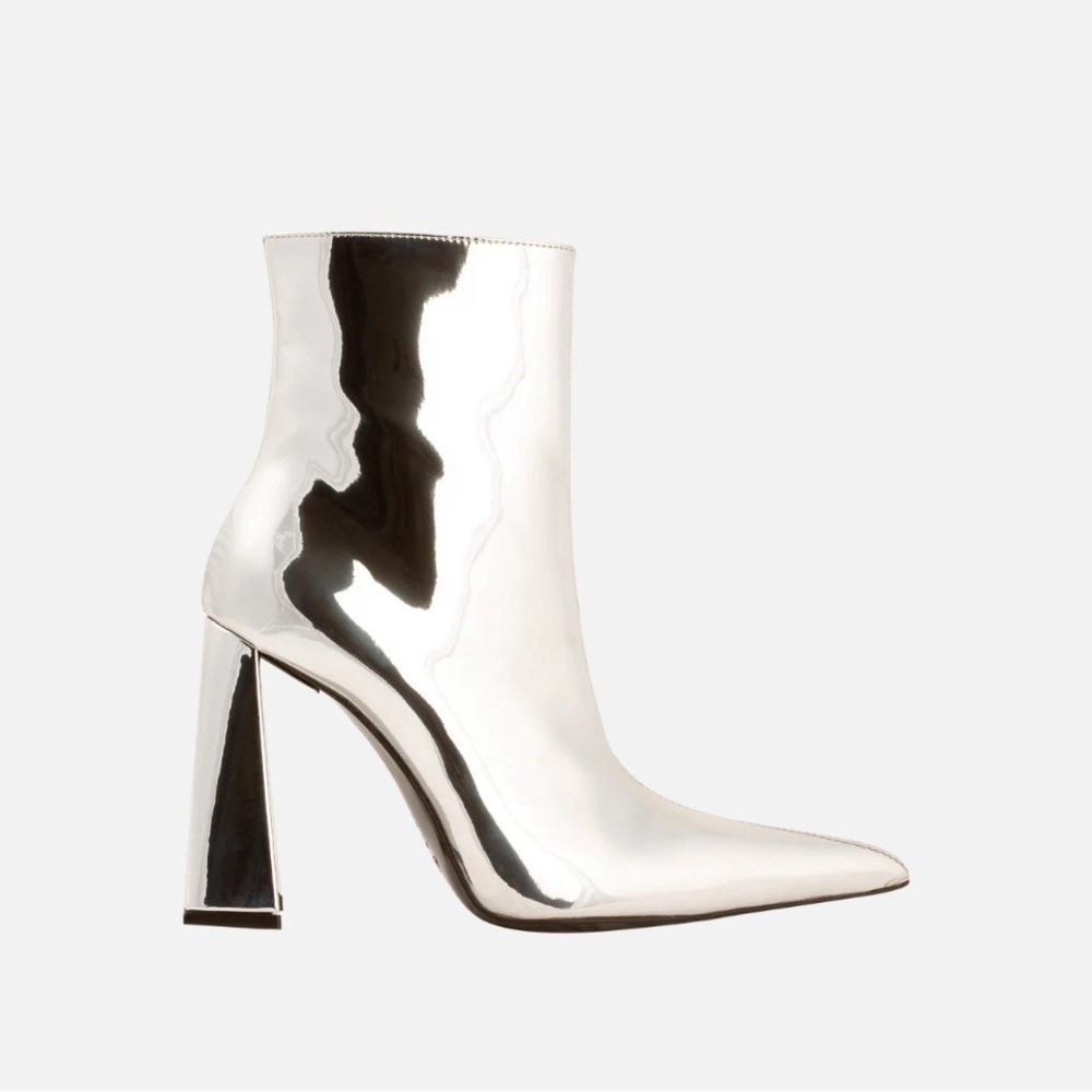 AREA NYC “A” HEEL Leather PVC Metallic Mid Calf Boot Silver Sz 40